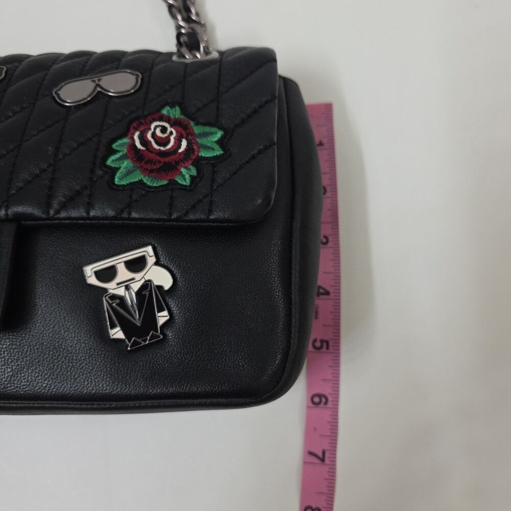 Karl Lagerfeld Paris Quilted Shoulder Bag Black Leather Chain Strap Patch Purse - Picture 9 of 12